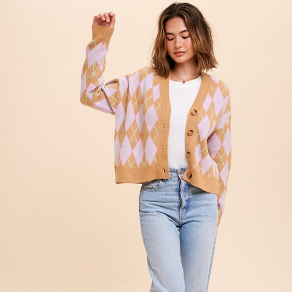 NWT Retro Vibes Argyle Cardigan Sweater